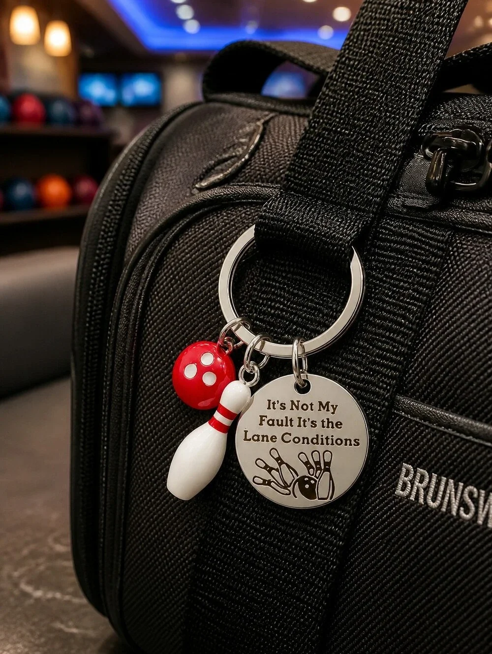 Bowling Keychain Red Ball & Pin Funny Engraved Sports Charm Gift Stainless Steel